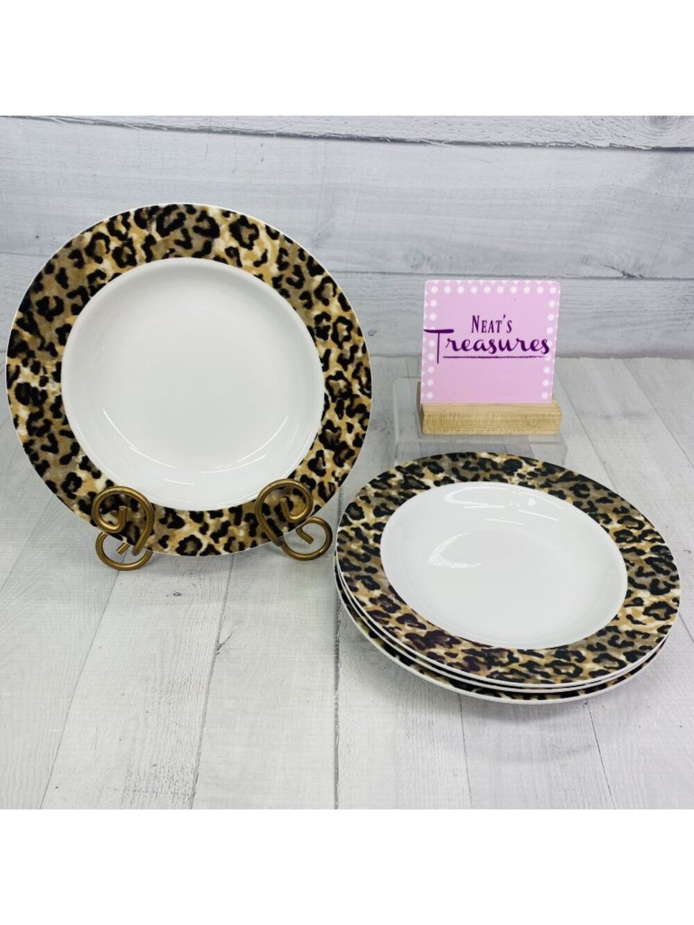Tienshan LEOPARD Brown Tan Leopard Spots Pattern Fine China Rim Soup Bowl Set 4
